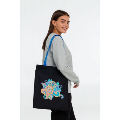 Холщовая сумка «Узор», черная с ярко-синими ручками-3