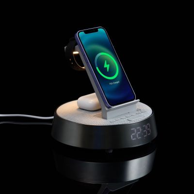 Bluetooth-колонка с беспроводной зарядкой и часами netEnergy, серая-10