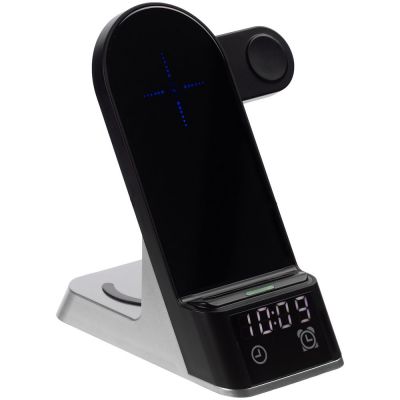 Зарядная станция с часами E-Store для смартфона, часов и наушников, черная-1