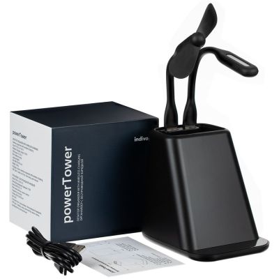 Настольный органайзер с зарядкой, лампой, вентилятором и подсветкой логотипа powerTower, черный-11