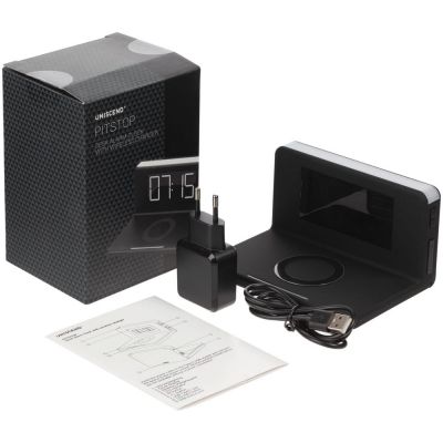 Часы настольные с беспроводным зарядным устройством Pitstop, черные-7