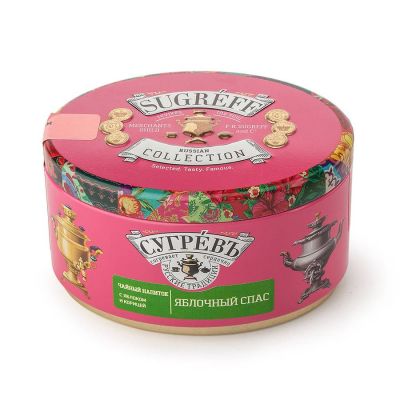 Чай Сугревъ в жестянной банке Яблочный спас с натуральными малиновыми леденцами, розовый, зеленый-0