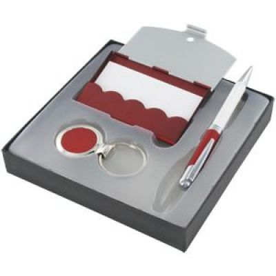 Набор: авторучка, брелок и визитница, ярко-красный-0