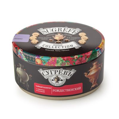 Чай Сугревъ в жестянной банке Рождественский с натуральными малиновыми леденцами, черный, красный-0