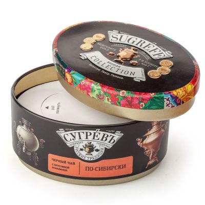Чай Сугревъ в жестянной банке По-сибирски  с натуральными малиновыми леденцами, красный-2