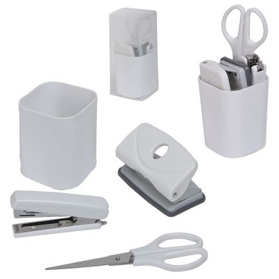 Набор  'Офисный гаджет':  степлер 10 мм, дырокол 5,5 мм, ножницы, подставка под ручки., белый-0