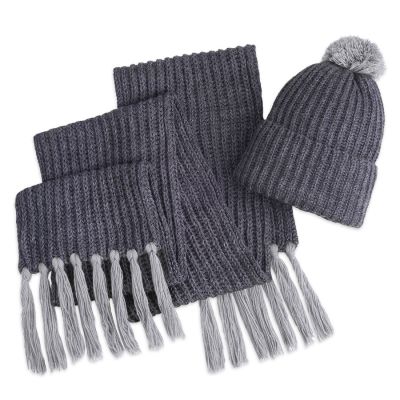 Шапка и шарф GoSnow с ярким пoмпоном и кисточками, серый меланж-1