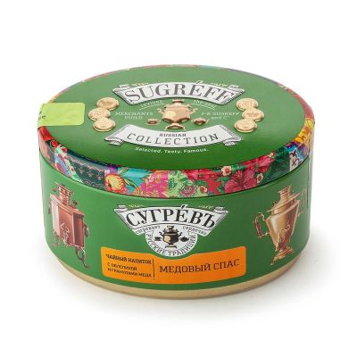 Чай Сугревъ в жестянной банке Медовый спас с натуральными малиновыми леденцами, оранжевый, зеленый-0