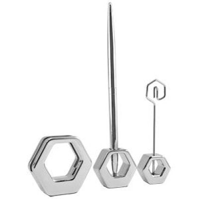 Набор настольный 'Гайка': подставка для визиток, авторучка на подставке и клип, серебристый-0