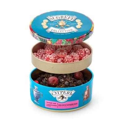 Чай Сугревъ в жестянной банке По-уссурийски с натуральными малиновыми леденцами, черный, розовый-5