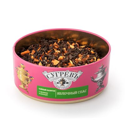 Чай Сугревъ в жестянной банке Яблочный спас с натуральными малиновыми леденцами, розовый, зеленый-1