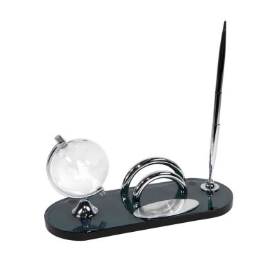 Набор настольный: подставка для визиток, глобус и авторучка, серебристый, темно-синий-0