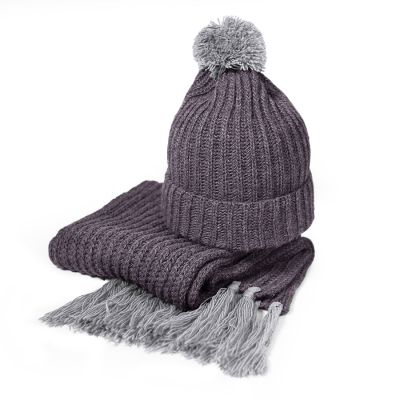 Шапка и шарф GoSnow с ярким пoмпоном и кисточками, серый меланж-0