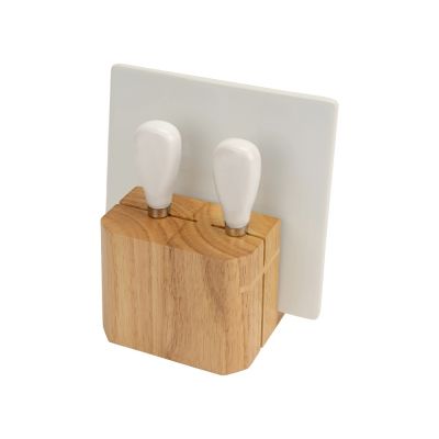 Набор для сыра Cheese Break: 2  ножа керамических на  деревянной подставке, керамическая доска-1