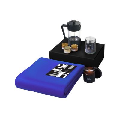 Подарочный набор c пледом, френчпрессом, чаем и медом, синий-1