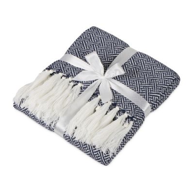 Плед акриловый Tassel с белой бахромой, темно-синий-0