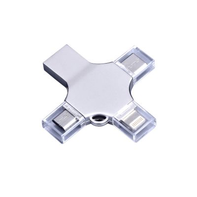 USB-флешка на 128 Гб 4 в 1 поворотный механизм, c дополнительными разъемами MicroUSB, TypeC и Lightning, серебристый-1