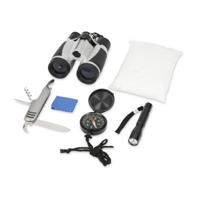 Набор путешественника: бинокль 4х30, мультиинструмент, фонарь, компас, дождевик, салфетка-1