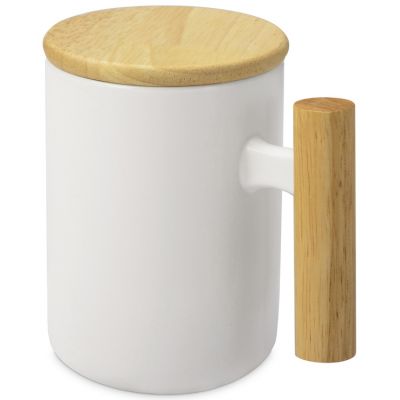 Кружка с ручкой и крышкой из каучукового дерева Jeny, белый-0