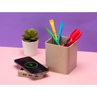 Настольный органайзер Cubic из пшеничного волокна с функцией беспроводной зарядки и выходами USB-11