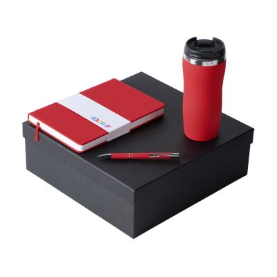 Подарочный набор с блокнотом С2, металлической ручкой и термокружкой, красный-0