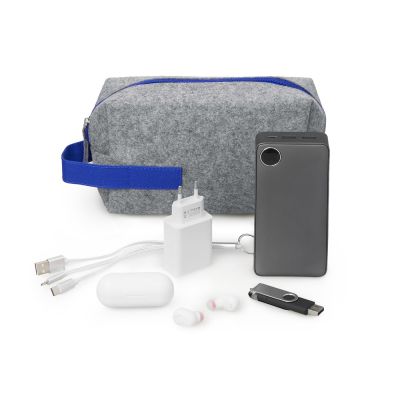 Органайзер для электроники и проводов Felt из RPET-фетра с ручкой, серый с синим-0