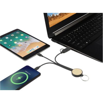 Кабель для зарядки Tecta 6 в 1 из переработанного пластика/бамбука с брелком, сплошной черный-4