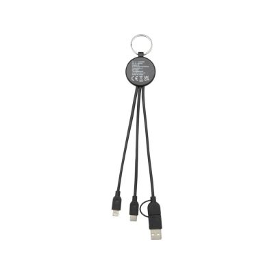 Кабель для зарядки Tecta 6 в 1 из переработанного пластика/бамбука с брелком, сплошной черный-2