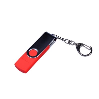 USB-флешка на 64 ГБ поворотный механизм, c двумя дополнительными разъемами MicroUSB и TypeC, красный-0