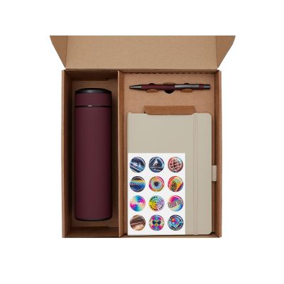 Подарочный набор с термосом, блокнотом, ручкой и чаем, бордовый-1