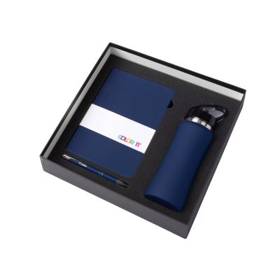 Подарочный набор с блокнотом С1, металлической ручкой и бутылкой для воды, темно-синий-1