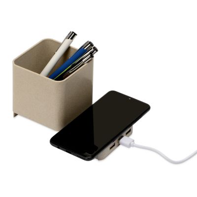 Настольный органайзер Cubic из пшеничного волокна с функцией беспроводной зарядки и выходами USB-0