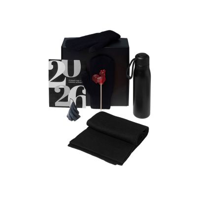 Подарочный набор с варежками, шарфом и термосом, черный-1