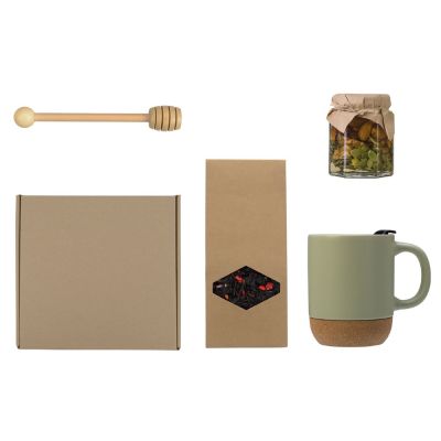 Подарочный набор с кружкой, медом и ложкой для меда, оливковый-0