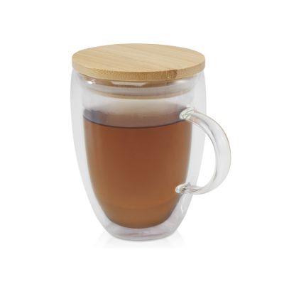 Стеклянная кружка Leona объемом 350 мл с бамбуковой крышкой - прозрачный-0