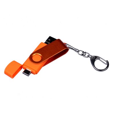 USB-флешка на 32 Гб 3 в 1 поворотный механизм, c двумя дополнительными разъемами MicroUSB и TypeC C с одноцветным металлическим клипом, оранжевый-3