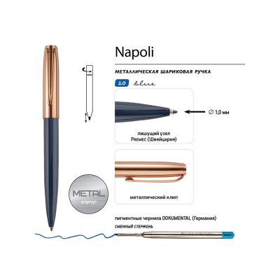 Ручка металлическая шариковая Napoli, синий/розовое золото-2