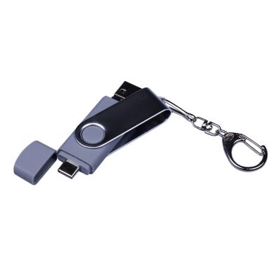 USB-флешка на 32 Гб поворотный механизм, c двумя дополнительными разъемами MicroUSB и TypeC, серебро-3