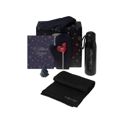 Подарочный набор с варежками, шарфом и термосом, черный-0