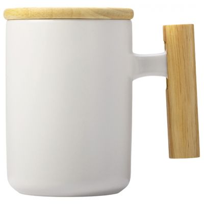 Кружка с ручкой и крышкой из каучукового дерева Jeny, белый-2
