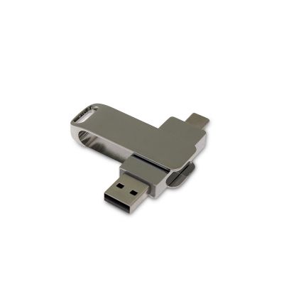 USB 2.0- флешка на 64 Гб поворотный механизм 2 в 1, c дополнительным разъемом Type-C с одноцветным металлическим клипом, серебристый-0