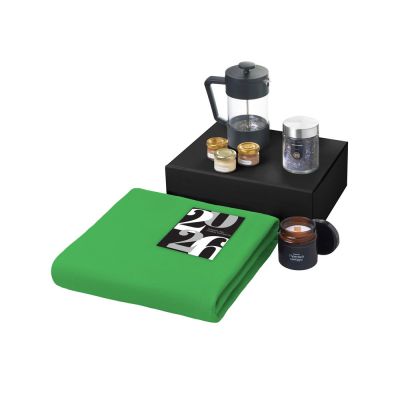 Подарочный набор c пледом, френчпрессом, чаем и медом, зеленый-1