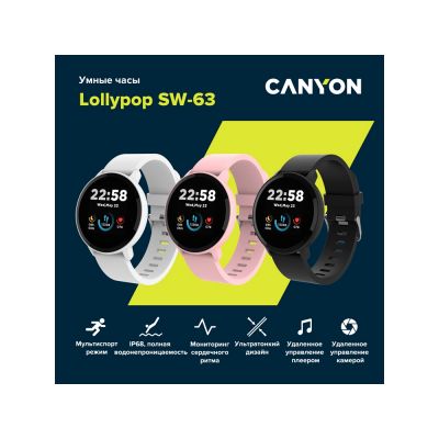 Умные часы CANYON Lollypop SW-63, IP 68, BT 5.0, сенсорный дисплей 1.3, черный-7
