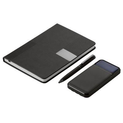 Подарочный набор Tesla с блокнотом А5, ручкой и пауэрбенком на 10 000 mAh, черный-1