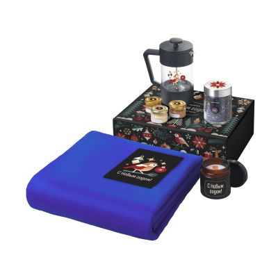 Подарочный набор c пледом, френчпрессом, чаем и медом, синий-0