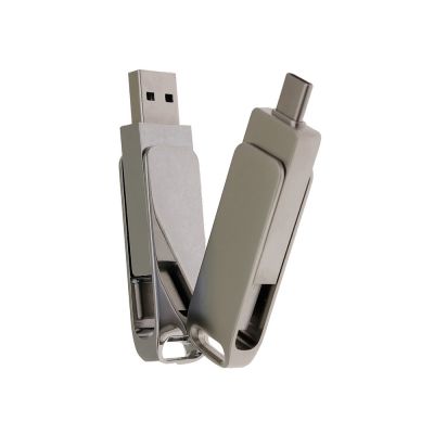 USB 2.0- флешка на 64 Гб поворотный механизм 2 в 1, c дополнительным разъемом Type-C с одноцветным металлическим клипом, серебристый-4