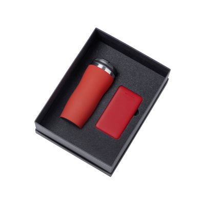 Подарочный набор c вакуумной термокружкой и повербанком С1, красный-1