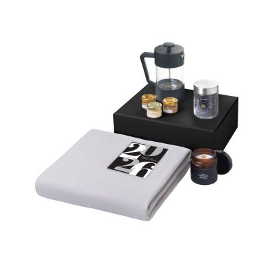 Подарочный набор c пледом, френчпрессом, чаем и медом, серый-1