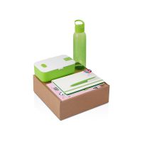Подарочный набор с бутылкой для воды. блокнотом, ручкой и ланчбоксом, зеленое яблоко