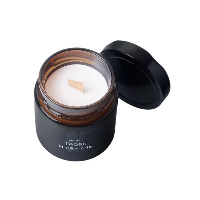 Свеча в стеклянной коричневой банке 200мл, аромат Табак и ваниль, фитиль деревянный-2